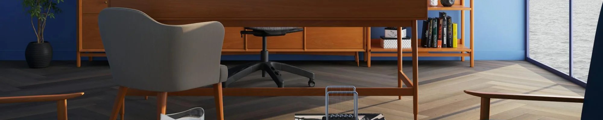 office with herringbone patterned hardwood floors and teak furniture | Mitchell's Flooring & Design | Serving Northern Colorado | 970-352-7251 |
