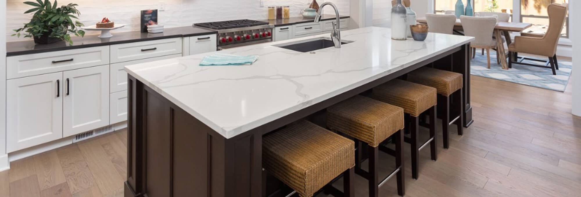 white quartz countertop installed on large kitchen island | Northern Colorado | 970-352-7251 |